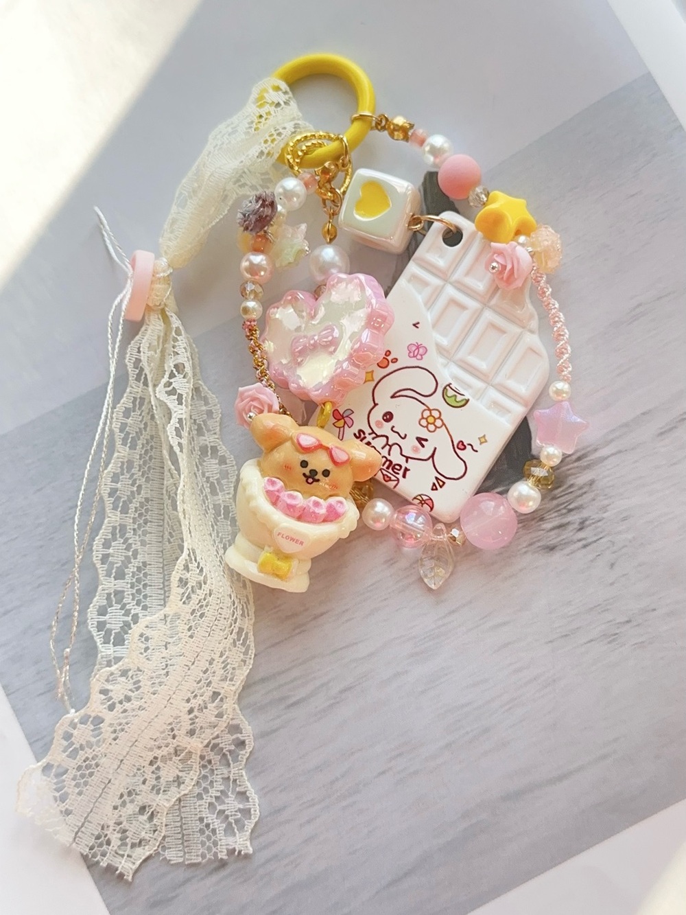 Kawaii Maltese Character & Pink Pearly Bag Phone Charm with Lace